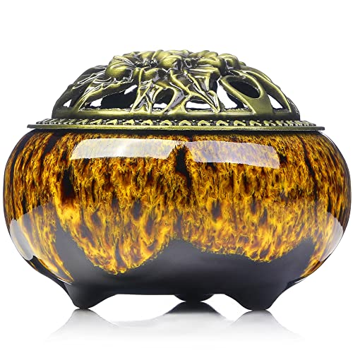Incense Burner with Calabash Incense Stick Holder - Porcelain Charcoal Censer for Use with Resin Granular Powder Cone or Coil Incense (Kiln-Colored Yellow) - color: Kiln-colored Yellow
