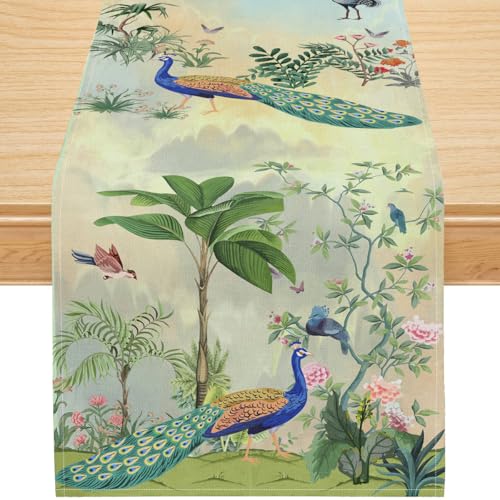 Vintage Peacock Table Runner, Tropical Forest Jungle Birds and Green Botanical Print, Retro Exotic Wildlife Dining Table Decoration for Kitchen Wedding or Party, Polyester Linen,13x36 Inch - color: Peacock Green Tropical, size: 13x36inch