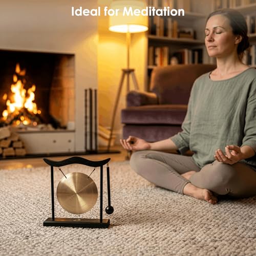 YOUEON Zen Table Gong with Wooden Frame and Mallet, Brass Desktop Meditation Gong Decor, Smooth Polished Copper Ornament for Home, Office, Yoga & Mindfulness Gift