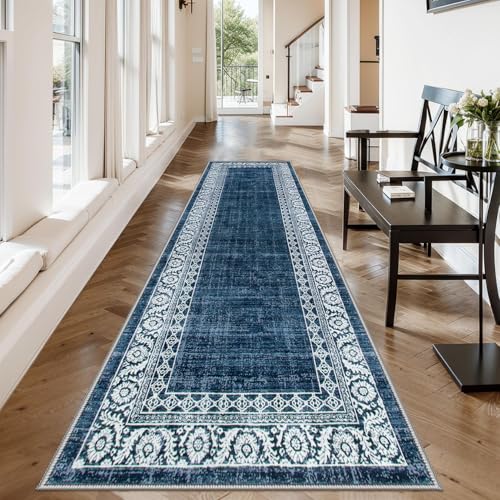 Lahome Blue Extra Long Hallway Runner Rug 2'6"x 10' Washable Kitchen Bathroom Rug Runner with Rubber Backing, Bordered Indoor Throw Carpet Runners for Bedroom Stairway Entryway(2'6"x10',Blue) - color: Blue, size: 2.5' x 10' (Runner)
