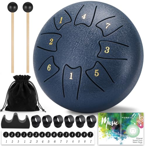 Steel Tongue Drum 6 Inch 8 Notes, Rain Drum for Outdoor Garden, Easy-Play Percussion Instrument, Unique Gift for Music Lovers, with Mallets, Carry Bag & Music Book (Deep Blue, 6 Inch 8 Notes) - color: Deep Blue, size: 6 Inch 8 Notes