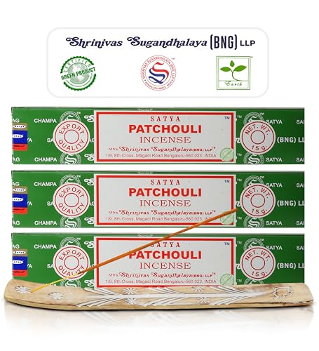 Satya Patchouli Incense Sticks, Satya Bng (Bangalore) Insenses 15gmx3 Pack (45 GMS) with Raajsee Incense Holder Bundle, Satya Nagchampa Natural Incense - color: Patchouli