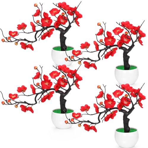 Suncalla 4 Pack Red Plum Blossom Silk Flowers with Pot, Lateral - style: Lateral