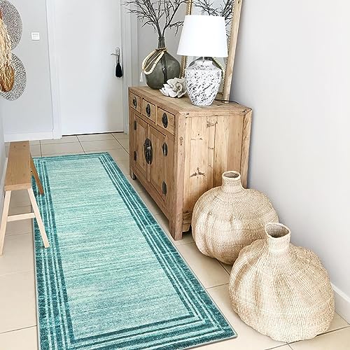 Lahome Amabel Modern Abstract Runner Rug, Washable Teal 2x6 Entryway Rug Runners Non Slip Hallway Runner, Low-Pile Soft Bathroom Runner Rug 6ft Kitchen Carpet Runner for Laundry Bedroom - color: Teal Border/White, size: 2' x 6' (Runner)