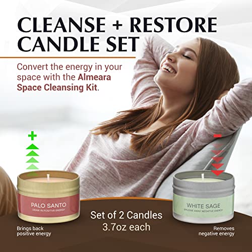 Almeara 2 in 1 Candle Combo - Sage and Palo Santo Set - 2x 3.7oz - Long Lasting |+40hr burn time |100% Soy Wax -Paraffin Free Candle For Cleansing House-Gift Box Ready-Relax and Restore The Body&Mind