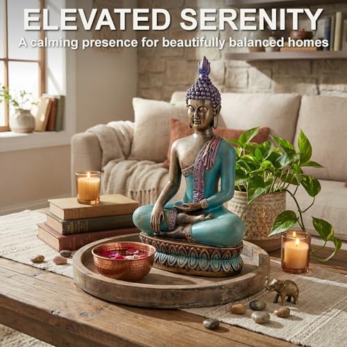 Large 12.5-Inch Polyresin Buddha Statue, Hand-Painted Sea Blue & Purple - color: Sea Blue and Purple