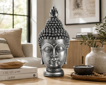 11 Inch Metallic Silver Buddha Head Statue - color: Metallic Silver