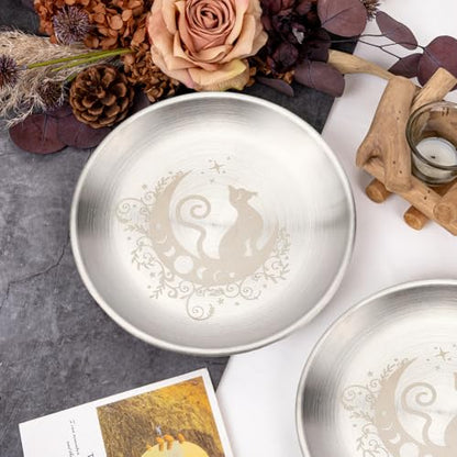 CREATCABIN Cat Moon Altar Ritual Plate Dish Stainless Steel Flat Bowl Round Silvery Tray Offering Bowl Dish Holder for Smudging Incense Burner Jewelry Dowsing Divination 5.55Inch - style: Cat Moon