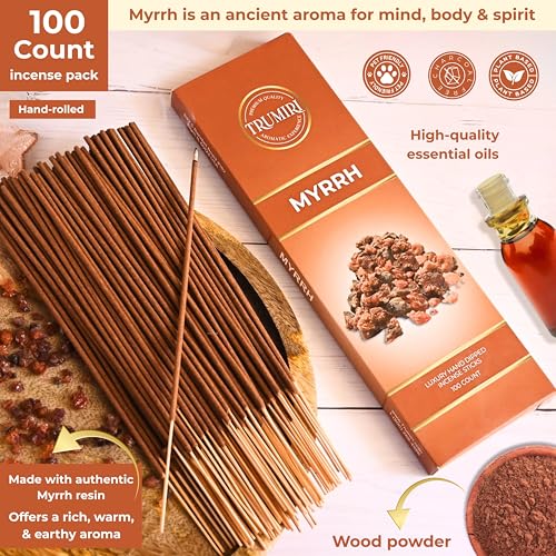 Myrrh Incense Sticks - Pack of 100 Insence-Sticks - Made with Natural Non Toxic Incienso De Mirra - Scented Insense Indian Spiritual Agarbatti Inscents - color: Myrrh