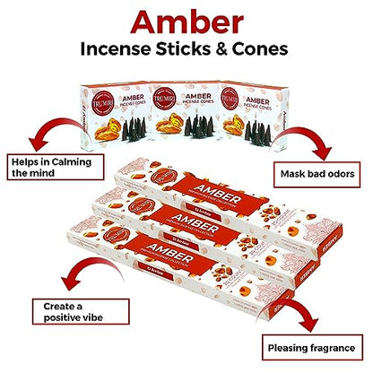 Amber Incense Sticks & Incense Cones Combo Pack - 60 Insence-Sticks + 30 Insence Cones - Inscense - Incense Cones Scented - Insents - color: Amber