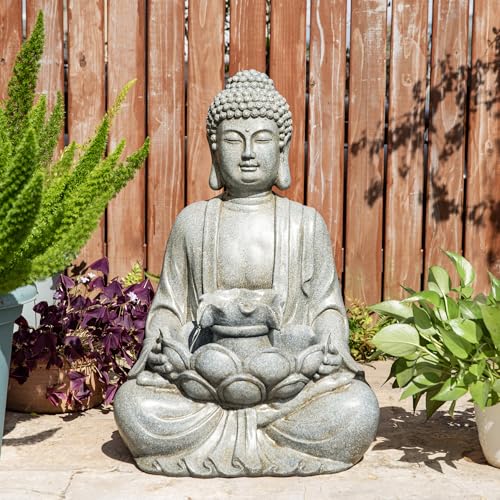 Glitzhome Buddha Outdoor Water Fountain with Lights and Pump, 28.25" H Zen Style Outdoor Fountain Concrete Meditating Buddha Statue Polyresin Garden Fountain Waterfall for Patio, Porch, or Yard Decor - color: Concrete Buddha W/Lotus Leaf&flower Basins, si