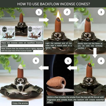 TRUMIRI Coconut Backflow Incense Cones - Total 20 Incense Cones Waterfall - Dual Pack of 10 Incense Backflow Cones - Waterfall Incense Cones - Incense Waterfall Cones - color: Coconut, size: Pack of 2 (20 Cones)