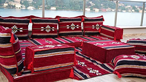 arabicsofa Traditional L Shaped Floor Cushions – Modular Majlis Seating with Washable Covers - color: Burgundy, size: 4'' Thickness Sofa, style: L Sofa Full Set