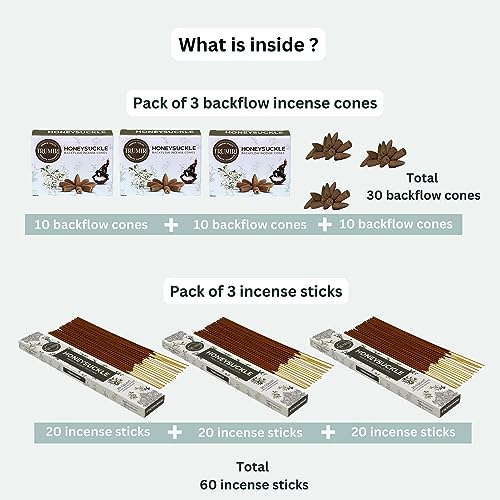 Honeysuckle Incense Sticks & Backflow Incense Cones for Waterfall Combo Pack - 60 Insence-Sticks + 30 Backflow Cones - Insents - Incense Waterfall Cones - Inscense - color: Honeysuckle