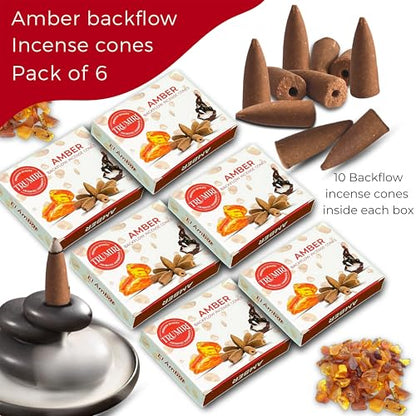 Amber Backflow Incense Cones - 60 Cones, Six Packs of 10, Waterfall Effect - color: Amber, size: Pack of 6 (60 Cones)