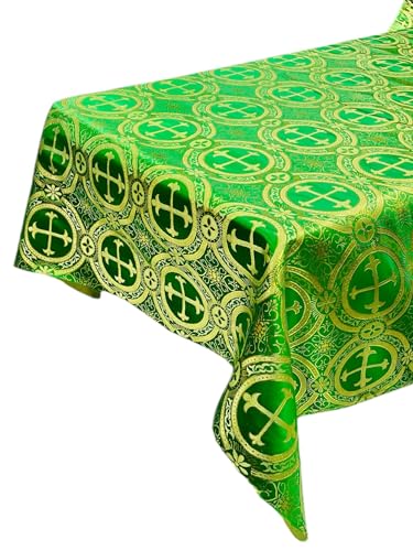 New Creations Fabric & Foam Inc, Rectangular Metallic Cross Brocade Jacquard Satin Tablecloth Overlay/Religious Brocade/Liturgical Fabric/Church. (Green-Gold, 60" x 102" Inches) - color: Green-gold