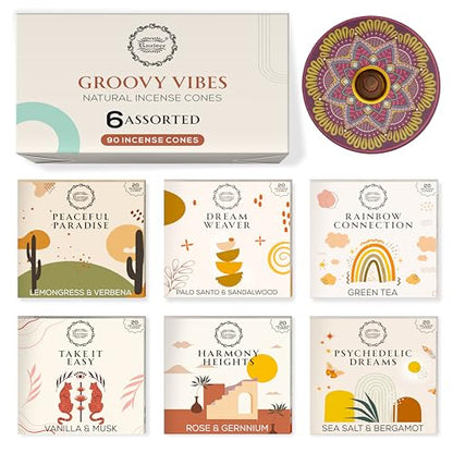 Raajsee Incense Cones, 6 Pack Cone Incense Gift Pack 15 pc Each (90 Total), Insence Cones Variety Pack, 100% Organic Non Toxic Natural - color: Groovy Vibies Cone