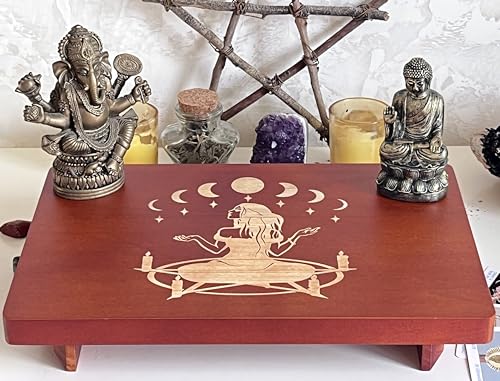 Altar Table, Meditation Table, Small Altar Table, Wooden Witch Altar, Wiccan Alter Table, Buddhist Shrine, Engraved Witch Pentacle with Surrounding Candles on Table Top, 12 × 8 inches - color: Pentacle Witch