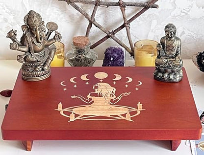 Altar Table, Meditation Table, Small Altar Table, Wooden Witch Altar, Wiccan Alter Table, Buddhist Shrine, Engraved Witch Pentacle with Surrounding Candles on Table Top, 12 × 8 inches - color: Pentacle Witch