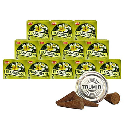 TRUMIRI Incense Cone Holder Bundle with Hem Firangipani Incense Cones - Pack of 12 (Approx 120 Cones) - color: Frangipani