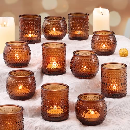 16 Pcs Assorted Amber Candle Holders- Vintage Candle Holder for Rustic/Boho Wedding Table centerpieces, Bridal Shower, Baby Shower Decoration - color: Amber