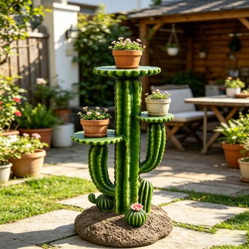 32" Cactus Plant Stand with 3 Shelves, Resin Saguaro Cactus Flower Pot Holder, Multi-Tier Succulent Display Rack for Patio, Yard, Lawn, Garden & Outdoor Decor - color: Cactus Plant Stand