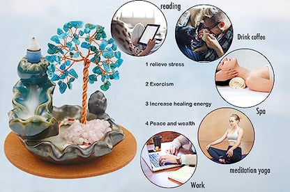 Waterfall Burner, Crystal Tree Backflow Incense Holder, with 30 Incense Cones, 30 Incense Stick, 1 Healing Crystal Necklace, Aromatherapy Anxiety Relief Items, Mom Gifts for Christmas - color: Blue Apatite