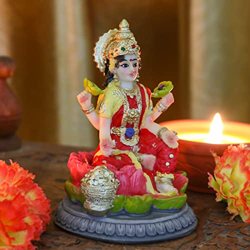 alikiki Small Hindu Goddess Lakshmi Statue - 3.9”H Indian Ido Laxmi Figurine for Car Dash Board Decor Home Office Mandir Temple Altar Shrine Pooja Item Murti for Diwali Puja Gifts
