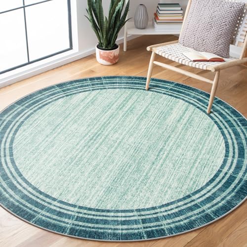 Lahome Amabel Abstract Round 4ft Entryway Rug, Washable Teal Entry Rugs Non Slip Circle Kitchen Carpet, Minimalist Border Dining Room Rug Indoor Room Carpet for Under Chair Coffee Table Entrance Mats - color: Teal Border/White, size: 4' (Round)