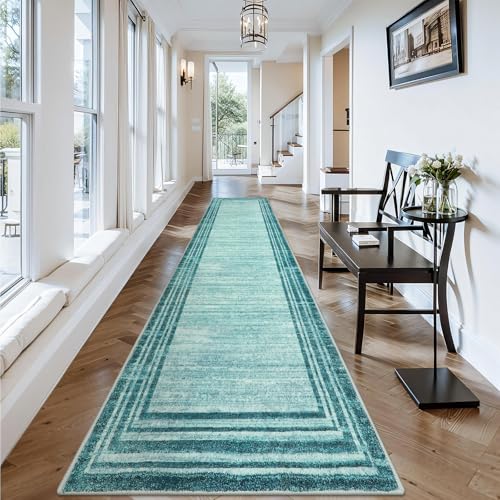 Lahome Amabel Abstract Runner Rug,Teal 2.5x12 Hallway Runners Rug Washable Non-Slip Long Kitchen Rugs Runner,Soft Runner Rugs for Hallway 12 ft Minimalist Solid Indoor Carpet Runner for Entryway - color: Teal Border/White, size: 2.5' x 12' (Runner)
