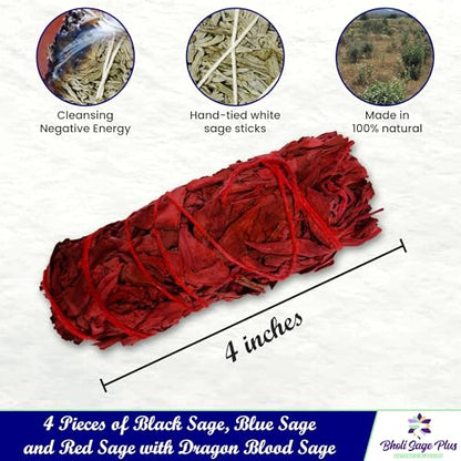 Sage Starter Kit Variety Pack of 4 – White Sage, Blue Sage, Black Sage & Dragon's Blood Sage Smudge Sticks for Home Cleansing, Meditation, Yoga, House Blessing & Spiritual Rituals - color: Mulitcolor