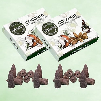TRUMIRI Coconut Backflow Incense Cones - Total 20 Incense Cones Waterfall - Dual Pack of 10 Incense Backflow Cones - Waterfall Incense Cones - Incense Waterfall Cones - color: Coconut, size: Pack of 2 (20 Cones)