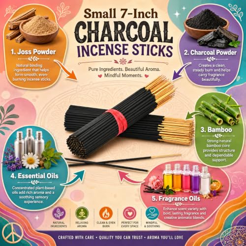 Black Coconut Exotic Incense Sticks 7 Inch - Bulk 1 Bundle 85 to 100 Sticks - Natural 7" Long Lasting Aroma that Burns for 30 to 45 Minutes.