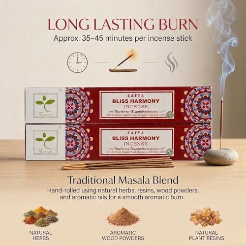 Earth Satya Bliss Harmony Perfumed Incense Sticks 15g (Pack of 6) Hand Rolled Natural Incense for Meditation Relaxation and Home Fragrance - size: Pack of 6