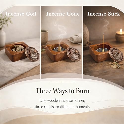 Acacia Wood Incense Burner for Cones & Coils, with Sticks Holder - style: A - Square