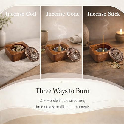 Acacia Wood Incense Burner for Cones & Coils, with Sticks Holder - style: A - Square