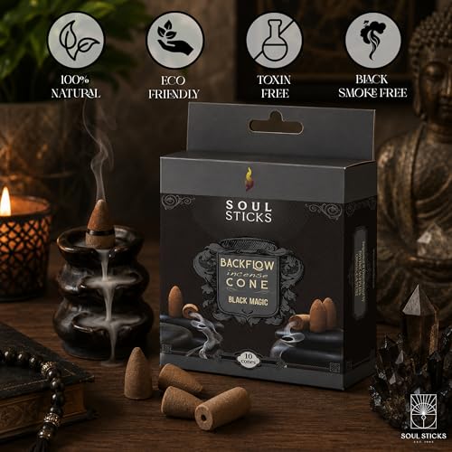 Soul Sticks Backflow Incense Cones – 40 PCS Organic Handmade Cones for Waterfall Burner | 4 Pack Long Lasting Aromatic Scents | Thick White Smoke Incense for Meditation, Spiritual Gift (Black Magic) - color: Black Magic