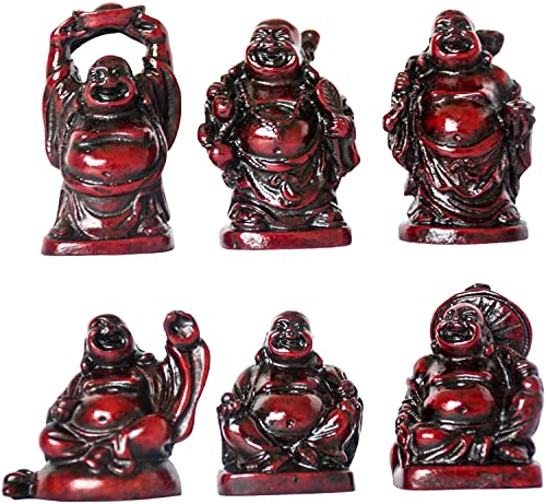 Set of 6 Laughing Happy Buddha Statue Resin Figurines Feng Shui for Luck Wealth Good Gift and Collection (2'', Dark red) - color: Dark Red, style: 2''