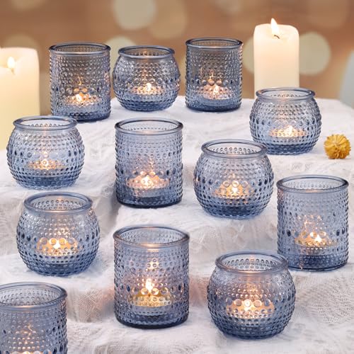16 Pcs Blue Votive Candle Holders for Bridal Shower Decorations- Assorted Tea Light Candle Holders for Dusty Blue Wedding Decor, Baby Shower Table Centerpieces - color: Blue