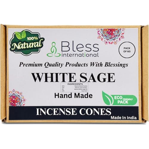 Bless-International White Sage 100%-Natural-Incense-Cones Handmade-Hand-Dipped Organic-Chemicals-Free for-Purification-Relaxation-Positivity-Yoga-Meditation The-Best-scents (60 Count) - color: White Sage, size: Pack Of 60 Cones