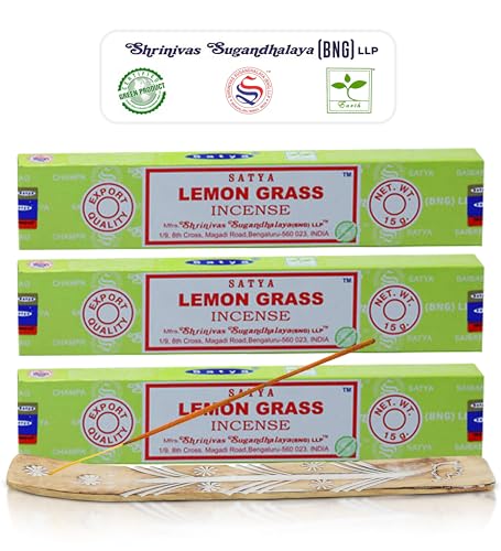 Satya Nagchampa Lemon Grass Incense Sticks, Satya Bng (Bangalore) Insenses 15gmx3 Pack (45 GMS) with Raajsee Incense Holder Bundle, Satya Nagchampa Natural Incense - color: Lemon Grass