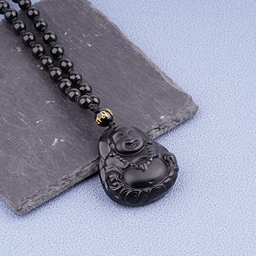 ASGIFT Black Obsidian Necklace Lucky Amulet Protection Pendant with Extended Bead Chain Healing Crystal Stone Talisman Necklaces Jewelry - color: MaitreyaD