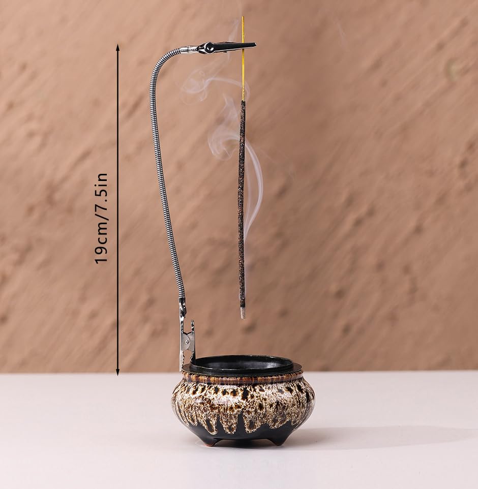 Incense Burner with Calabash Incense Stick Holder - Porcelain Charcoal Censer for Use with Resin Granular Powder Cone or Coil Incense (Fambe Gray) - color: Fambe Gray