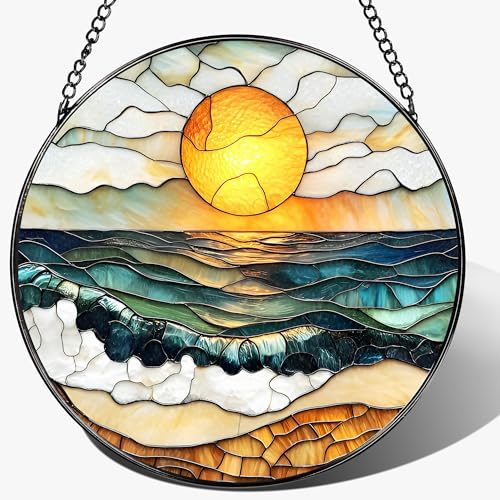 8-Inch Stained Glass Ornament, Stained Glass Window Hanging, Window Hanging Decor Suncatcher, Beach Sunset Ornament | Summer Vibes Gift | Gifts for Beach Lovers, Friend & Family - color: Beach Sunset B