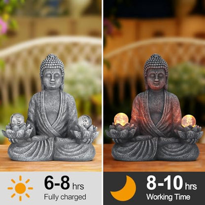 8.2" Solar Resin Buddha Statue Garden Outdoor Yard Lawn Ornament Gray