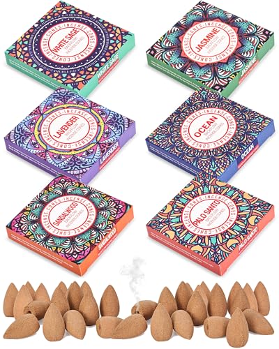 Backflow Incense Cones - 6 Mixed Natural Scents - Sandalwood, Lavender, Jasmine, Ocean, White Sage, Palo Santo, for Purification, Relaxation, Yoga, Meditation