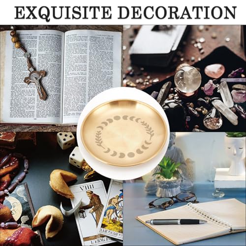 CREATCABIN Moon Phase Altar Ritual Plate Dish Stainless Steel Flat Bowl Golden Round Tarot Offering Bowl Dish Candle Trinket Holder Jewelry Tray for Incense Burner Dowsing Divination 5.55 Inch - style: Golden Moon Phase Leaf