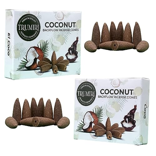 TRUMIRI Coconut Backflow Incense Cones - Total 20 Incense Cones Waterfall - Dual Pack of 10 Incense Backflow Cones - Waterfall Incense Cones - Incense Waterfall Cones - color: Coconut, size: Pack of 2 (20 Cones)