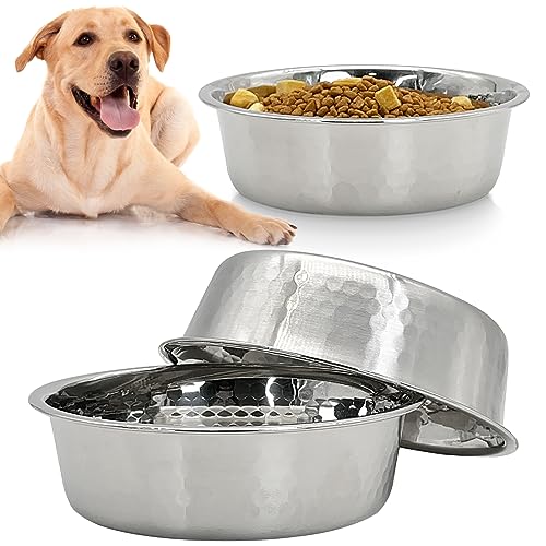 Fhiny 3 Pack Hammered Stainless Steel Dog Bowls, 8 Cups/64 Oz Premium Metal Puppy Feeder Bowl Set for Raised Feeding Station Basic Kitten Food & Water Dishes for Small & Medium Pets Dishwasher Safe - size: 8 Cups/64 Oz