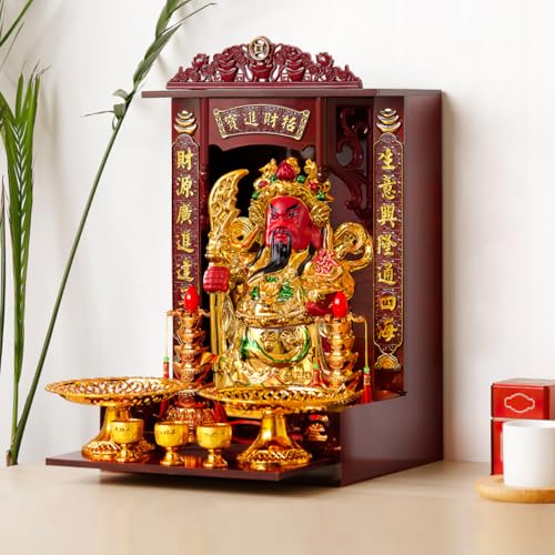 Abaodam Wooden Buddha Display Cabinet Shelf for Home Feng Shui Decor, Tabletop or Wall Leaning Statue Holder with Pull-Out Tray, Chinese Style